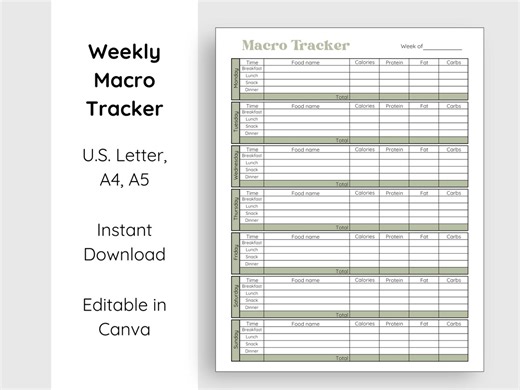 Editable and Printable Macro Meal Planner Tracker, Weekly Meal Planner, Weekly Meal Planner for Workout Journal - Etsy