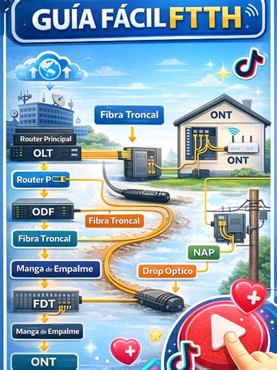 GUÍA FÁCIL FTTH ¿Sabes cómo llega la fibra óptica desde el proveedor hasta tu casa? En este video te explico paso a paso el recorrido real de una red FTTH: desde la OLT, pasando por ODF, fibra troncal, mangas de empalme, FDT, NAP, hasta llegar a tu ONT Ideal para: Instaladores Técnicos FTTH Estudiantes de telecomunicaciones Simple, rápido y fácil de entender. #FTTH #FibraOptica #Telecomunicaciones #Redes #instaladorfibraoptica