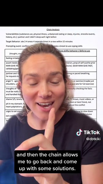 Replying to @dbtkiki Example of Chain Analysis and Solution Analysis—skills of behavior change from Dialectical Behavior Therapy (DBT). Hopefully this can provide some clarity about how these (very tricky!) skills might help you change your own unwanted, impulsive, or unhealthy patterns. #dbt #dbtskills #dbtskillstok #therapistsontiktok #behaviorchange #greenscreen