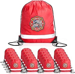 Xinnun 20 Pcs Firefighter Drawstring Bags for Kids, Reflective Fire Truck Party Favors, Bulk Birthday Goodie Bags, Fireman Theme Party Supplies & Classroom Rewards, Red