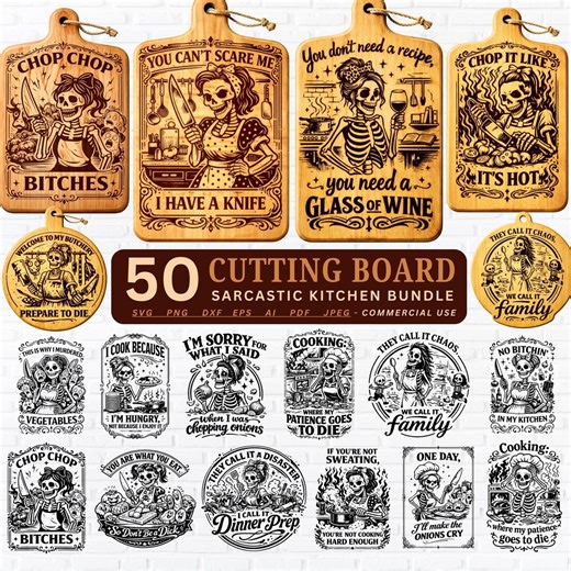 Funny Skull Cutting Board Sayings SVG Bundle Sarcastic Kitchen Quotes Humorous Cooking Download - Etsy
