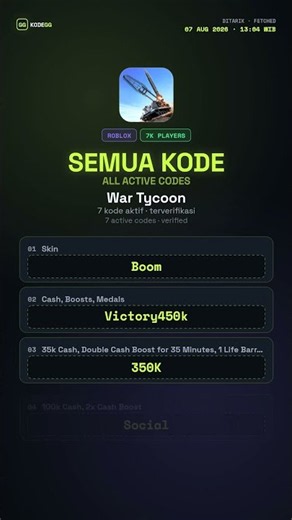 War Tycoon Codes (August 2026) 🎁 Semua Kode Aktif Update 7 Agustus 2026 — KodeGG
