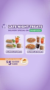 Night owls, #CoffeeBeanSG’s got your back! From 2 – 15 July, enjoy late night feasts with our GrabFood exclusive bundles, available from 12am to 6am 😋 Choose from: Bundle of 2 – 2 hearty Sandwiches (Chicken or Tuna Mayo) paired with 2 selected REG drinks at $29.90 (U.P. $45.90) Bundle of 4 – 2 toasty Tortilla Pizzas (Beef Pepperoni or Hawaiian) paired with 4 selected REG drinks a just $39.90 (U.P. $67.20) Complete the meal with a tempting slice of cake at just $5 💜 Order from your nearest 24-h
