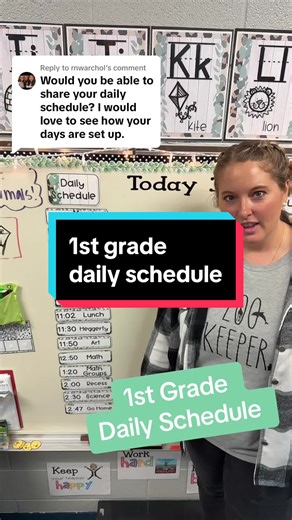 Replying to @rnwarchol Here is what our daily schedule looks like on a typical day! We are very flexible in first grade because we keep our own kids all day. Let us know if you have any questions! #teachersoftiktok #firstgradelife #firstgradeschedule #firstgrade #schooldays