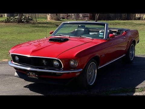 1969 Ford Mustang Convertible 351 V8 – Red w/ Black Top & Hood Scoop