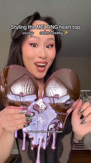 YUYI CHUA | Fashion & Travel on Instagram: "Styling the MELTING heart armor top using color theory 🎨!! Which color scheme is your favorite? #meltinghearttop #drippy #armortop #ootd #stylingreels #styleinspo #outfitinspo #stylingtips pink melted chrome heart armor drip metal corset top halloween costume ideas 2025"