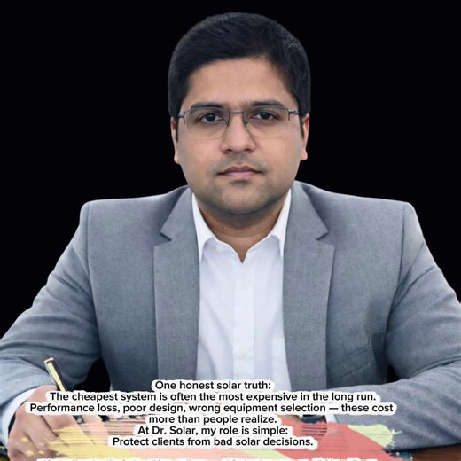 The cheapest system is often the most expensive in the long run. Performance loss, poor design, wrong equipment selection — these cost more than people realize. At Dr. Solar, my role is simple: Protect clients from bad solar decisions. #SolarTruth #DrSolar #SmartEnergy #SolarAwareness #CleanEnergy
