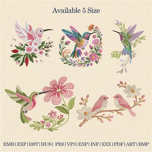 Hummingbird Embroidery Bundle, Floral Bird Embroidery Designs Set, Spring Embroidery Files, Nature Embroidery,Vintage Flower Bird Embroidery
