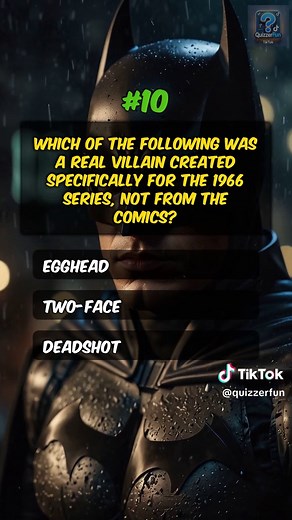 Batman TV Series Quiz Holy trivia, Batman! 🦇 Step back into the campy, colourful world of the 1966 Batman series with this hard-hitting quiz. From Bat-gadgets to classic villains, these 10 questions will test how well you remember Gotham’s grooviest hero. POW! 💥 #QuizzerFun #AdamWestBatman #ClassicTVTrivia #RetroSuperheroes #DCComicsFans #BatQuiz