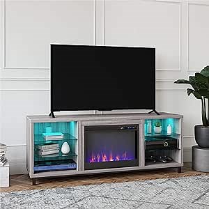 Ameriwood Home Lumina Fireplace TV Stand for TVs up to 70 Inch, Replaceable Electric Fireplace Insert Heater, Remote Control, Timer, Color Changing LED Lights, Crystal Ember Flames, Light Walnut