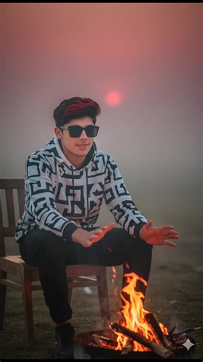 Trading image Gemini prompt 👇👇👇 Ultra-realistic 16K portrait of a 20-year-old boy (exact face match from reference photo), sitting on a chair near a small fire, warming his hands, calm and relaxed mood. Foggy background, blurred red sky, warm firelight reflecting on his face. Wearing a stylish white & black hoodie jacket, box-style sunglasses, black hair with red highlights, softly styled.#googlegemini #fypシ゚viral #dontunderreviewmyvideo #prompt #creatorsearchinsights
