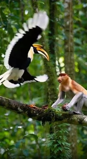 hornbills fighting with proboscis monkeys #animals #wildlife #funny #nature