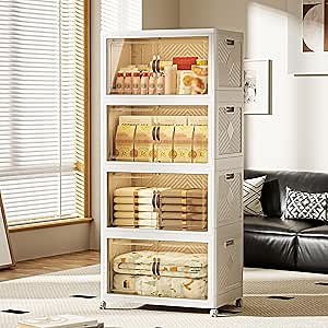 532 QT / 133 Gal Collapsible Storage Bins with Wheels & Magnetic Doors - Stackable Plastic Cabinet Organizer for Home, Garage, Closet (White Space-Saving Containers)