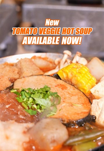 Say hello to our NEW flavor: Tomato Veggie Hot Soup 🍅🌱 Featuring a savory tomato broth, vegan cod fillet, vegan shrimp balls, tofu, veggies, and more. Refreshing, flavorful, and completely vegetarian 🍲 Tag your veggie-loving friend and come try it together 👀 📍 Available at all SoCal stores #NewMenu #Vegetarian #TomatoVeggieHotSoup