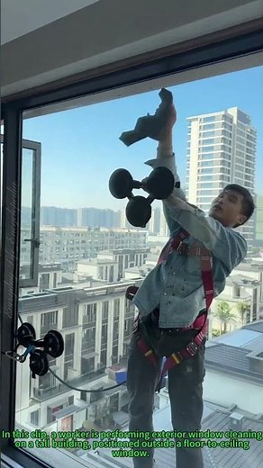 High-Rise Window Cleaning: Rope Access Worker Cleaning Exterior Floor-to-Ceiling Windows