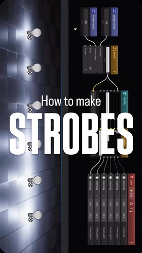 Andrea Carver on Instagram: "Here’s how you can randomly strobe between lights with Vizibeat. Wave generates the on/off pattern, which then randomly reroutes in Shuffle, switching channel every time it turns on. Play Note reshapes that on/off signal into an actual envelope driving the lights. Replace the “Strobe on/off” input with anything, like MIDI, Vizibeat notes, OSC, keyframes, etc. #unrealengine5 #audiovisualart #musicvisuals"