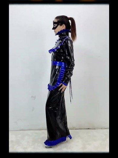 PVC Long French Maid Dress Cosplay Women puff Sleeves Maxi Dresses With Apron pu leather sissy dress