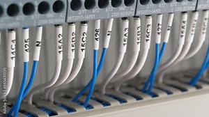 Terminal blocks in electrical cabinet. Industrial electrical equipment and wiring. Terminal blocks for electrical connection, electrical panel at a assembly with number tag equipment