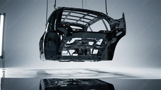 Automotive manufacturing process Car body structure suspended and undergoing inspection in a sterile industrial setting