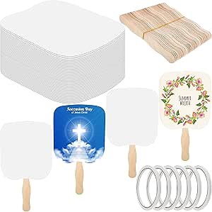 50 Church Fans Handheld Set, Wedding Fans Graduation Fan Paper Fan Bulk for DIY Crafting Painting Hand, Included Blank Cardstock Handle Craft Wooden Sticks Double Sided Tape