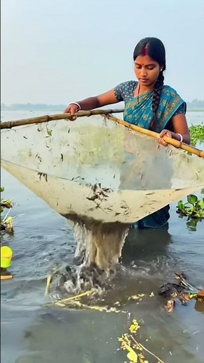 Catching shrimp with a triangle push net.