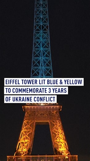 The Eiffel Tower in Paris was lit in blue and yellow to recognize three years of the conflict between Ukraine and Russia. International discussions, including talks on Monday between U.S. President Donald Trump and French President Emmanuel Macron, continue on potential resolutions to the conflict. #Ukraine #EiffelTower #ConflictInUkraine #GlobalImpact | CGTNEurope