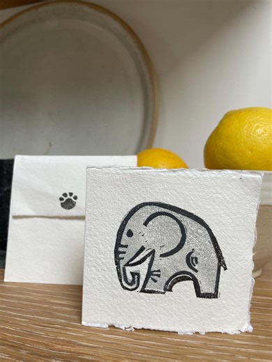 Little Elephant Mini Greetings Card - Handmade Paper, Linocut Design - Etsy