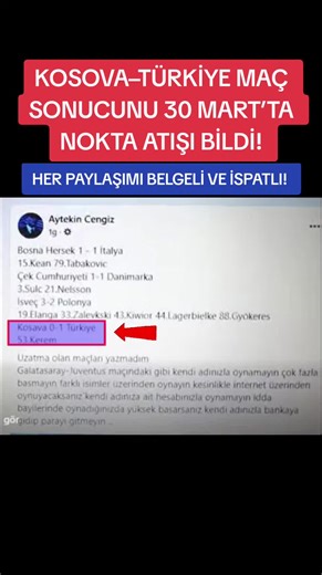 Aytekin Cengiz 31.03.2026 Kosova-Türkiye maç sonucunu 1 gün önceden bildi. Paylaşımı 30 martxta yaptığınıda delillerle kanıtlıyor. Aytekin Cengiz yıllardır gelecekten haber veriyor ve her dediği harfiyyen gerçekleşiyor. Eğer bir lider geleceği bu denli net okuyabiliyorsa, böyle bir vizyonun Türkiye’yi nasıl aydınlık yarınlara taşıyacağını siz takdir edin. #aytekincengiz #komutan #gündem #maç #türkiye