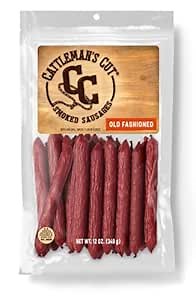 Cattleman's Cut Old Fashioned Smoke Sausage Meat Sticks, Premium Protein Snacks, Keto Friendly, Gluten Free, Carnivore Travel Snack, Resealable Bag, 12 Ounce