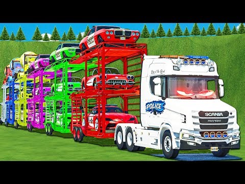 COPS CHASE LONG CONVOY TRANSPORT OF COLORS! POLICE SUPRA, ECLIPSE, MINI MIXERS & SHERIFF! FS 25