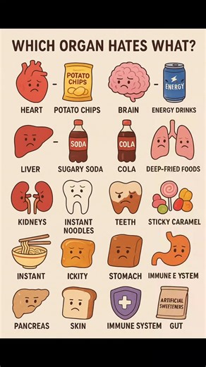 WHICH ORGAN HATES WHAT? HEART – Potato chips BRAIN – Energy drinks LUNGS – Deep-fried foods LIVER – Sugary soda BONES – Cola EYES – Too many sweets KIDNEYS – Instant noodles TEETH – Sticky caramel STOMACH – Spicy fast food PANCREAS – White bread SKIN – Too much chocolate IMMUNE SYSTEM – Processed meats GUT – Artificial sweeteners | Tech Guru FB