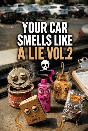 YOUR CAR SMELLS LIKE A LIE VOL.2 💀 CALIFORNIA SCENTS vs DRIFT vs CHEMICAL GUYS vs YANKEE CANDLE vs WONDER WAFERS 👃 Five car air fresheners. Four smell like something. One smells like a design object. 👃💀 California Scents Coronado Cherry. Drift. Chemical Guys Stripper Scent. Yankee Candle Car Jar. Wonder Wafers. A $5 California Scents can that's been under your truck seat since 2019 — the pad is dust but the ghost of cherry still haunts the lid. A $14 Drift wood block clipped to your Tesla vi