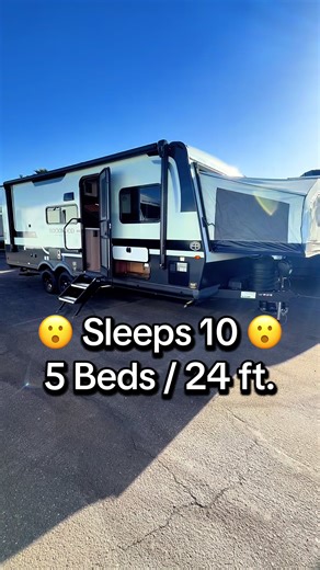 2026 Rockwood Roo 233S 😮 This hybrid camper can sleep 10 people on 5 beds! Each 60 x 80 queen bed has the weight capacity to hold up to 800 lbs. 🔥 both the convertible dinette and jacknife sofa are large enough to support 1 adult or 2 kids! At 24 ft. 10 in. total and 4,976 lbs. this hybrid travel trailer is light enough to be towable my most 150s/1500s and some large SUVs while being small enough to fit into most campgrounds! #rv #camper #traveltrailer #forestriverrv #rvtour