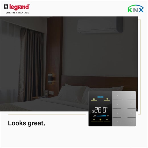 Legrand's KNX Room Controller Units include keypads and a thermostat in a single form which are mainly used in the smart home/building control system. These products are used to control a variety of KNX devices with the common button on the device to perform preset functions such as sending switch command, scene command, blinds, HVAC and control other devices on the KNX bus. #LiveTheAdvantage of home automation. To know more: https://bit.ly/4czKO5f #HomeAutomation #GreatLooks #KeypadRange #Conve