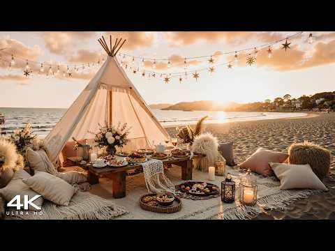 Happy Morning Jazz at Romantic Beachside Picnic 🌊 Positive Bossa Nova Piano & Wave Sounds for Relax