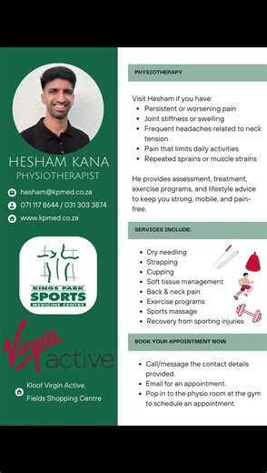 Hesham Kana 💪 Physiotherapist Providing professional physiotherapy care to support recovery, mobility, and performance — helping you move better and live pain-free ✨ 📞 071 117 8644 / 031 303 3874 📧 Hesham@kpmed.co.za 🌐 www.kpmed.co.za 📍 Kloof Virgin Active 📍 Fields Shopping Centre 💬 Book your session today and take the first step toward better movement. #HeshamKana #Physiotherapist #PhysioCare #MovementIsMedicine