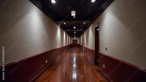 Long, narrow hallway with wooden floor, red trim, and doors at the end.