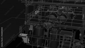 Industrial refinery plant seamless 3d loop animation, black