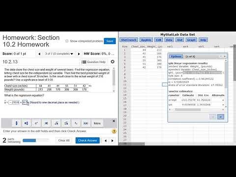 Regression Equation and Predicting the Weight of a Bear with StatCrunch MyMathlab MyStatlab