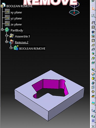 BOLLEAN REMOVE permite realizar una operación booleana de resta entre dos sólidos de un mismo Part. Al pinchar sobre el icono, también a través del menú contextual, aparece un cuadro en el que habrá que seleccionar con qué body se desea realizar la operación de resta. #CATIA3D #catiav5designer #CATIADesign #CATIAHacks #CATIAV5 #tutoriales #diseño #creatorsearchinsights