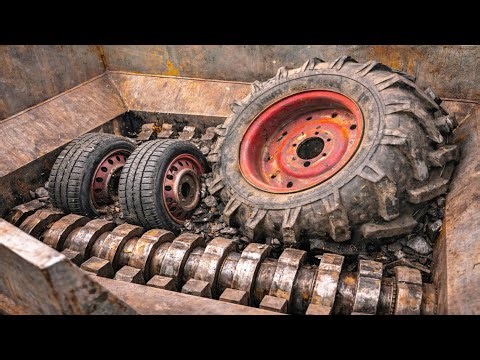 Giant Shredder Test! Huge Steel Rim Tyres Get Destroyed