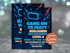 Editable Virtual Reality Game Birthday Party Invitation, Digital VR Headphone Party Template, Electronic Gamer Arcade Party Digital Invite - Etsy