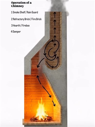 🔥 The Operation of a Chimney 🔥 Ever wondered how your fireplace keeps the smoke out of your living room? It’s all thanks to the chimney’s natural draft system. When a fire burns, hot gases rise through the flue because they’re lighter than the cooler air outside. This upward movement—called the stack effect—creates a vacuum at the base of the chimney, pulling fresh air into the firebox to keep the flames alive while safely expelling smoke and carbon monoxide. Key parts that make it work: Flue 