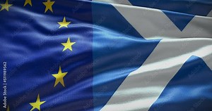 Scotland and European Union flag background. Relationship between country government and EU