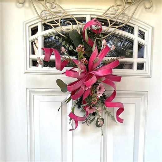 Spring Door Swag With Pink Velvet Bow | Floral Door Swag | Front Door Decor | Lantern Swag | Farmhouse Floral Decor - Etsy
