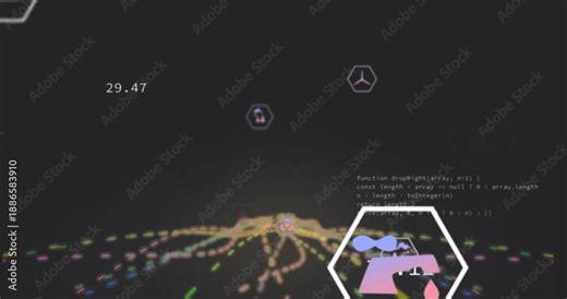 On load hexagonal data icons and code snippet gliding over grid to visualize metrics