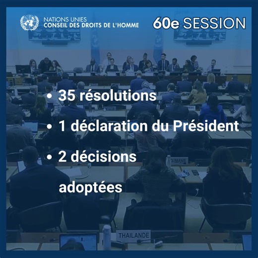 Le Conseil des droits de l’homme de l'#ONU a achevé le 8 octobre 2025 les travaux de sa soixantième session ordinaire, qui se tenait à Genève depuis le 8 septembre dernier et à l’issue de laquelle il a adopté 35 résolutions (dont sept ont fait l’objet d’un vote), ainsi qu’une déclaration de son Président et deux décisions. De plus, le nouveau titulaire du mandat d’Expert indépendant sur la situation des #droitsdelhomme en République centrafricaine a été nommé et sept membres du Comité consultati