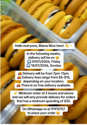Mama Woo’s Online Menu 🧁🍰🎂 $12.80 per box (Set A to Set C) $15.80 per box (Set F1 to Set F3) $6.80 per box (Cake Rolls) 👉 If you wish to order the birthday cakes do let me know separately 😊 In the following weeks, delivery for old school butter cream cakes will be on: ➡️ 09/01/2026, Friday ➡️ 18/01/2026, Sunday 🚚 Delivery will be from 7pm-11pm. 🚚 Delivery fees range from $5–$15, depending on your location. 🚚 There is no free delivery available. 🏠 Self-collection is available around Lent
