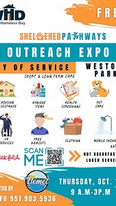 On Thursday October 10, 2024 @sheltered_pathways in partnership with the City of @hemetgov will be having a World Homeless Day Outreach Expo from 9am to 3pm at Weston Park, 130 N. Thompson Street, Hemet, CA. This event is a collaborative resource expo for people experiencing homelessness or are needing assistance with their current living situation. This is a free event to the public but requires people to register in order to receive services. A day filled with great opportunities and resources