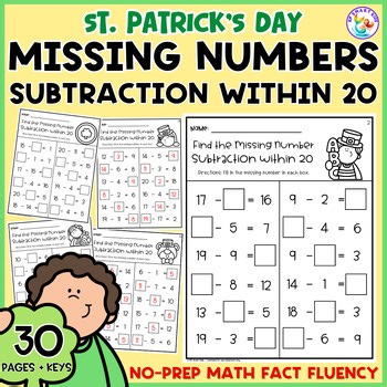 St. Patrick's Day Math Missing Number Subtraction Within 20 Worksheets 1st Grade